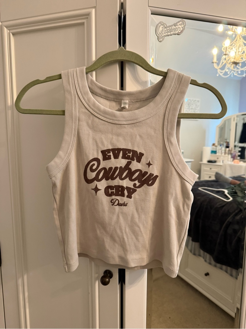 Ascolour Organic Ribbed Crop Tank in Cream with Brown Print